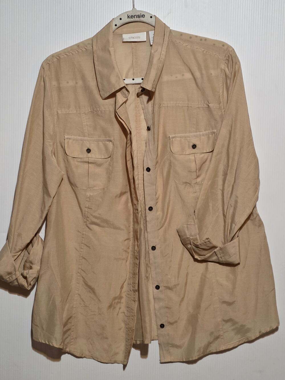Chico's Size 2 (12) Tan Cotton Silk Blend Button Down Shirt Top Neutral Utility